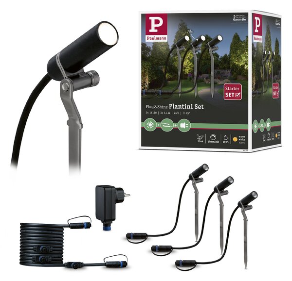 Paulmann 94154 Plug&Shine Plantini, základní set zahradních reflektorů 3x2,5W LED 3000K stmívatelné, IP65