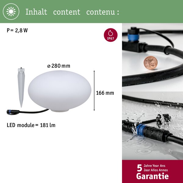Paulmann 94175 Plug&Shine Stone, venkovní světelný objekt 2,8W LED 3000K, prům.28cm, IP67