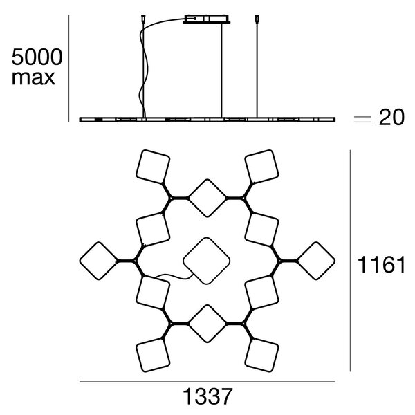 Stilnovo 8113 Quad_P12, černé závěsné svítidlo pro nepřímé osvětlení, 91W LED 3000K stmívatelné, 133x116cm