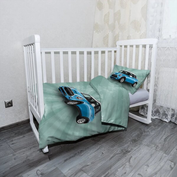 Sablio Mikroplyšové dětské povlečení do postýlky Mini sedan Zelené pozadí - 120x90 / 40x60