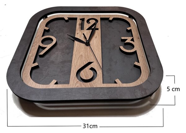Dřevěné hodiny nástěnné "Čtverec" černá s patinou/dub světlý 31 cm velikost svítidla/hodin: 31 cm