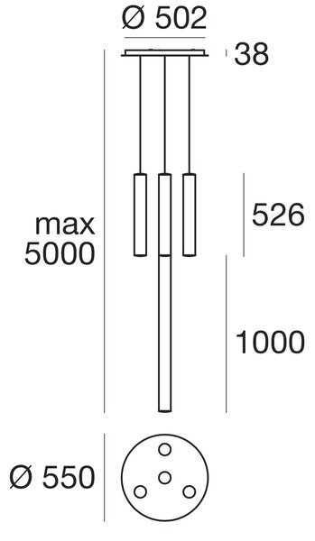 Linea Light 8841 Tu-V_4, závěsné svítidlo se čtyřmi závěsy, 93W LED 3000K DALI, délka 52+100cm