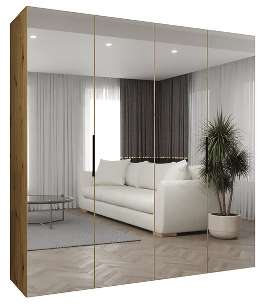 Šatní zrcadlová skříň MARBELLA 3, otočné dveře, tyč, 200×202×52, DUB Artisan / černé