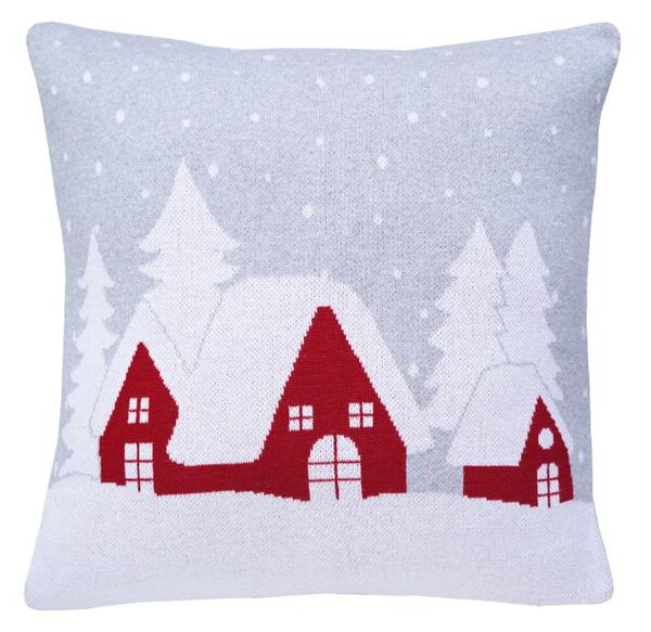 Pletený povlak DESIGN polární domečky šedočervená 45 x 45 cm