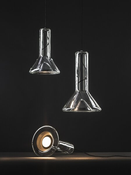 Brokis PC00952_037 Whistle small, závěsné svítidlo, foukané čiré sklo/černý chrom, 1x10W LED GX53 2700K stmívatelné, výška 40cm