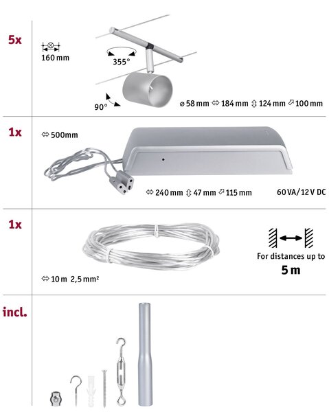 Paulmann 94465 CorDuo Cup Basic, matně chromový lankový systém, 5x max 10W LED 12V, 500cm
