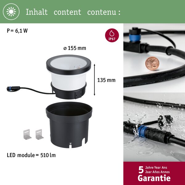 Paulmann 94669 Plug&Shine Ocos, zápustné venkovní svítidlo 6,1W LED 3000K, průměr 15cm, IP67