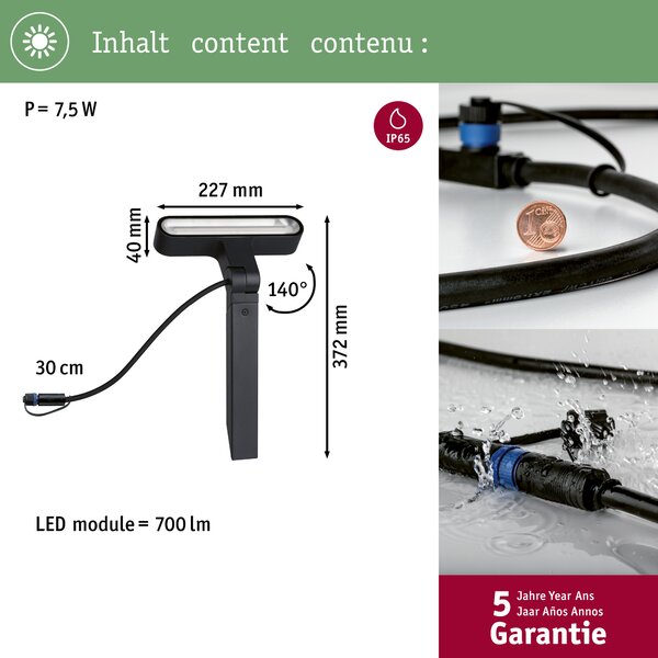 Paulmann 94544 Plug&Shine Ito Horizontal, zahradní spot s trnem 6W LED 3000K, antracit, výška 37cm, IP65