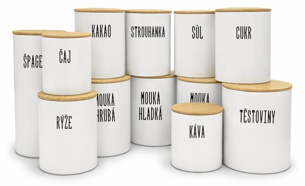 Orion Sada 12ks plechových dóz na potraviny, bílé, s bambusovým víkem SADA