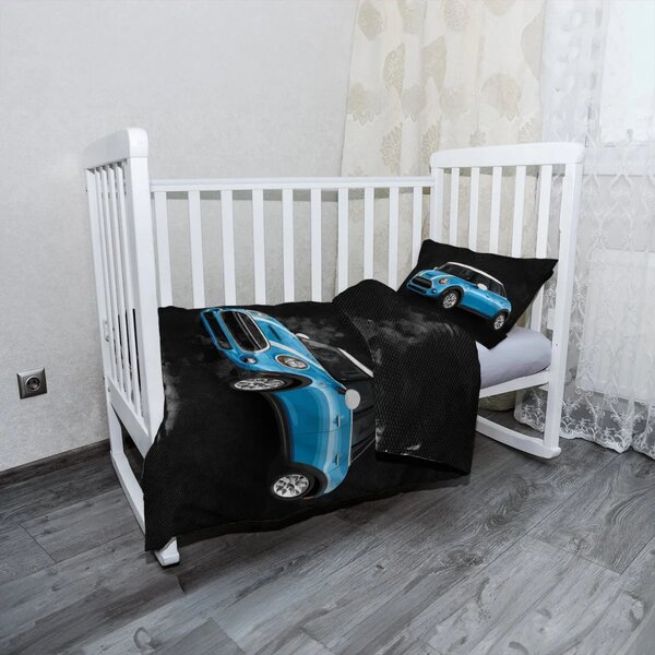 Sablio Mikroplyšové dětské povlečení do postýlky Mini sedan Černé pozadí - 120x90 / 40x60