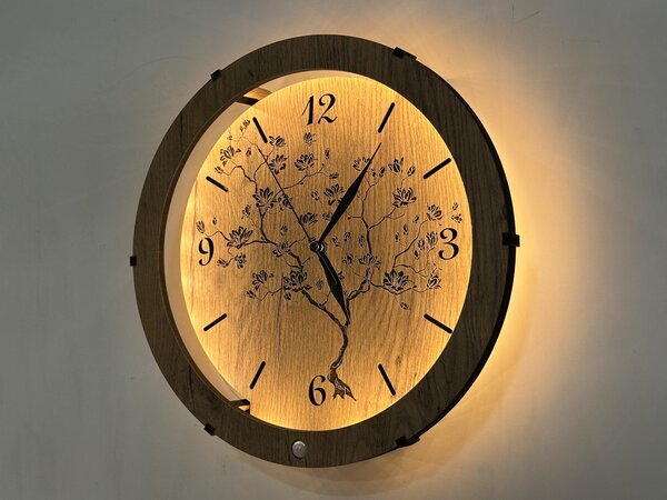 "Azalka" světelné hodiny 230V/12V/dub velikost svítidla/hodin: 31 cm