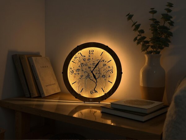 "Azalka" světelné hodiny 230V/12V/dub velikost svítidla/hodin: 31 cm