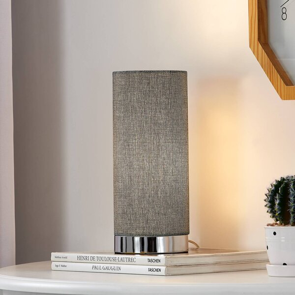 Lindby Šedá stolní lampa Ronja s chromovou nohou, stmívatelný, Hliník / šedá / zinek, Ložnice, Textil / tkanina / hedvábí, Moderní