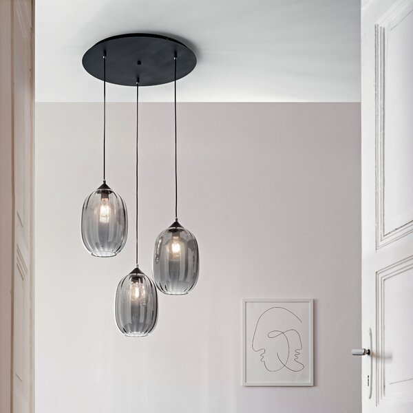 Fabas 3519-47-126 Infinity, černé závěsné svítidlo kov/kouřové sklo, 3xE27, průměr 58cm