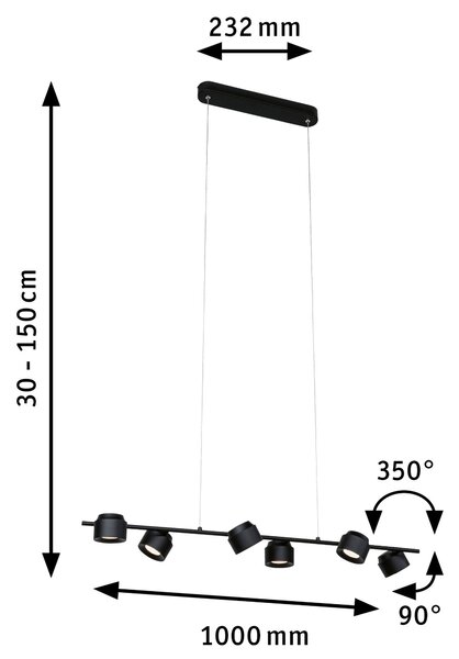 Paulmann 79773 Puric Pane, moderní závěsné svítidlo s nastavitelnými reflektory, 6x6,5 LED 2700K tříkrokové stmívání, délka 100cm