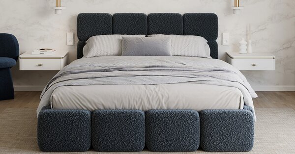 Čalouněná postel DELICATO 140x200 cm Modrá Boucle s úložným prostorem kovový rošt