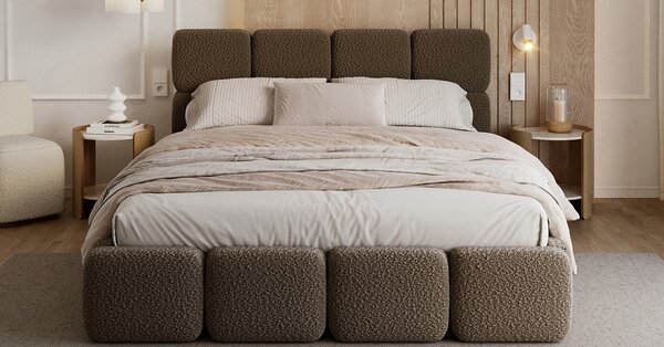 Čalouněná postel DELICATO 140x200 cm Hnědá Boucle s úložným prostorem kovový rošt
