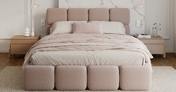 Čalouněná postel DELICATO 140x200 cm Růžová Boucle s úložným prostorem kovový rošt