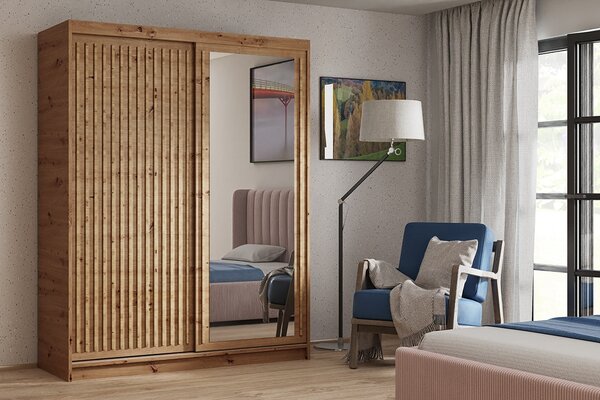 Šatní skříň s lamelami a zrcadlem 100 cm WARDERO - dub artisan