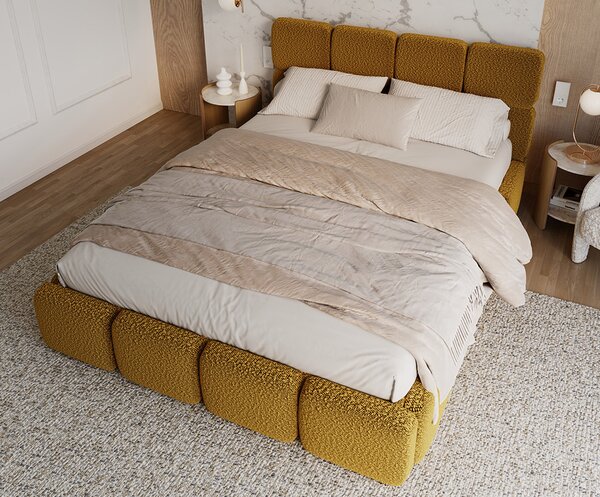 Čalouněná postel DELICATO 140x200 cm Žlutá Boucle s úložným prostorem kovový rošt