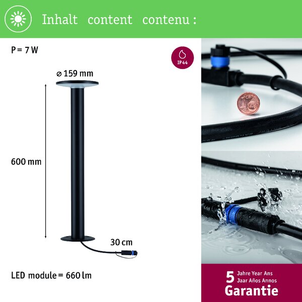 Paulmann 94723 Plug&Shine Plate, venkovní sloupkové svítidlo 7W LED 2200K, antracit, výška 60cm, IP44