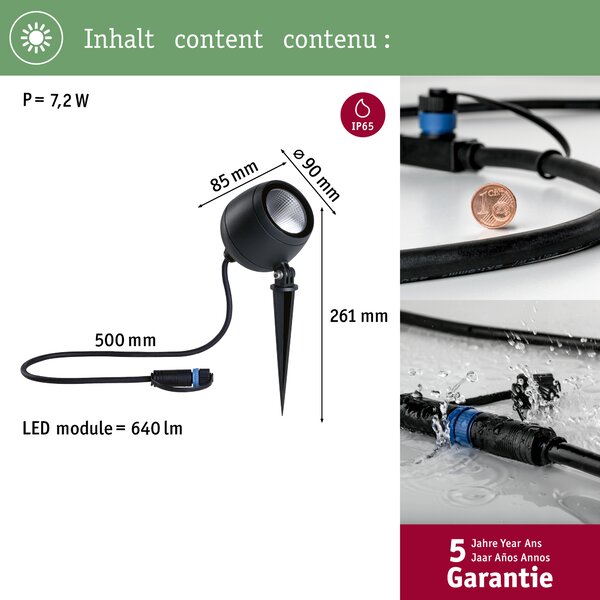 Paulmann 94775 Plug&Shine Kikolo, zahradní reflektor s trnem 7,2W LED 3000K 20°, antracit, IP65