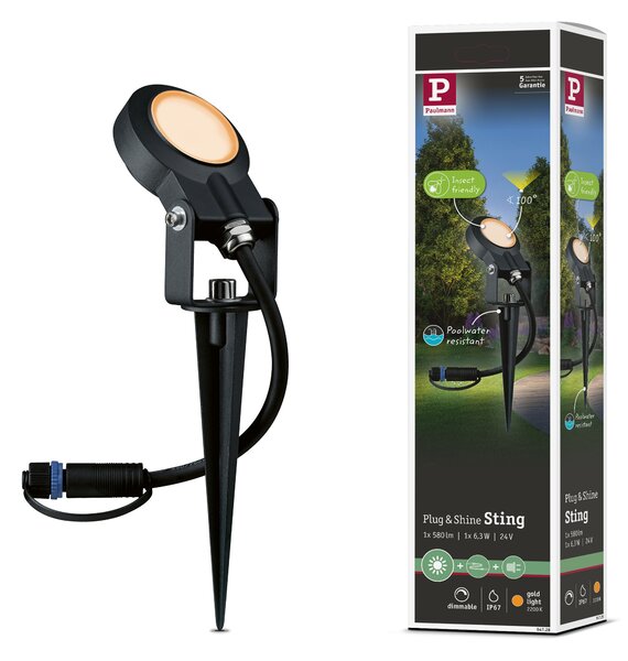 Paulmann 94728 Plug&Shine Sting, zahradní reflektor 6W LED 2200K, antracit, IP67