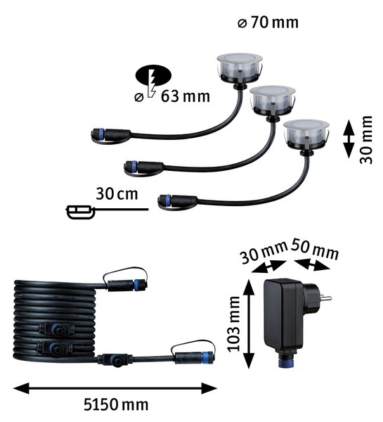 Paulmann 94722 Plug&Shine Floor, základní set zápustných svítidel do terasy 3x2W LED 2200K stmívatelné, stříbrná, IP67