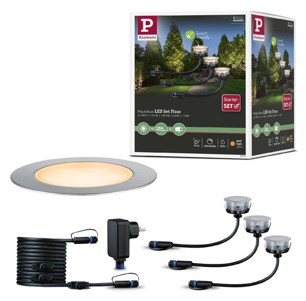Paulmann 94722 Plug&Shine Floor, základní set zápustných svítidel do terasy 3x2W LED 2200K stmívatelné, stříbrná, IP67