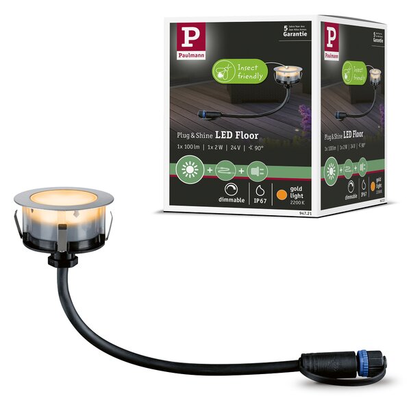 Paulmann 94721 Plug&Shine Floor, zápustné svítidlo do terasy 2W LED 2200K, stříbrná, prům. 7cm, IP67