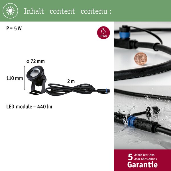 Paulmann 94559 Plug&Shine, jezírkové svítidlo 5W LED 3000K, průměr 7,2cm, IP68