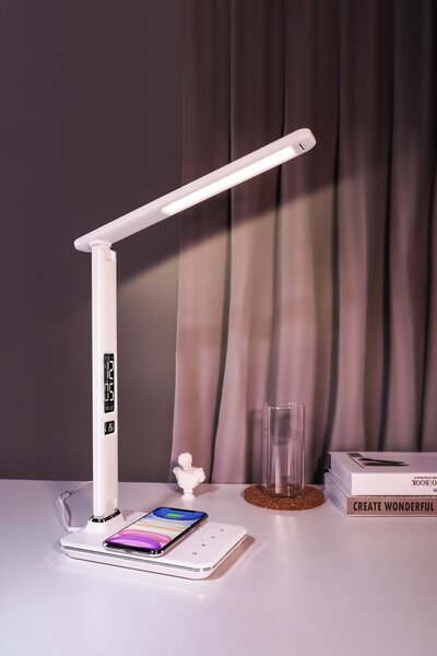 LED stolní lampička Immax KINGFISHER Qi bílá s bezdrátovým nabíjením Qi a USB
