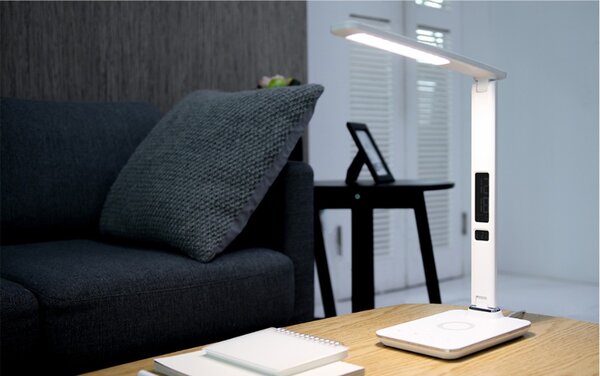 LED stolní lampička Immax KINGFISHER Qi bílá s bezdrátovým nabíjením Qi a USB