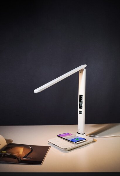 LED stolní lampička Immax KINGFISHER Qi bílá s bezdrátovým nabíjením Qi a USB