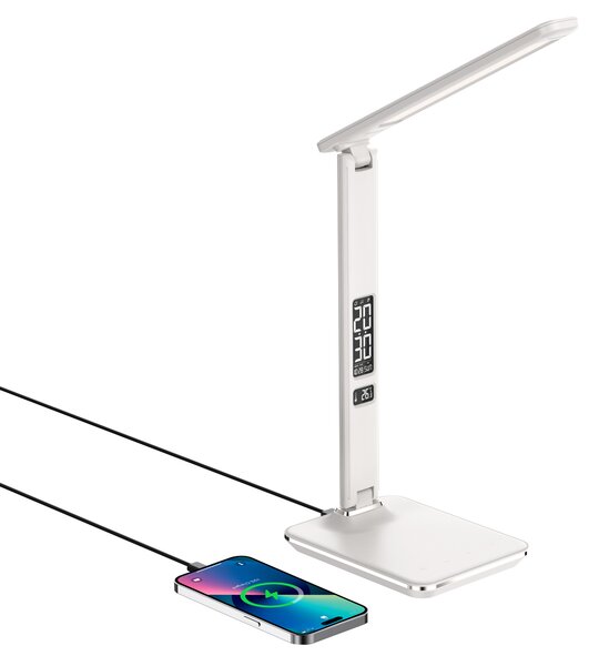 LED stolní lampička Immax KINGFISHER Qi bílá s bezdrátovým nabíjením Qi a USB