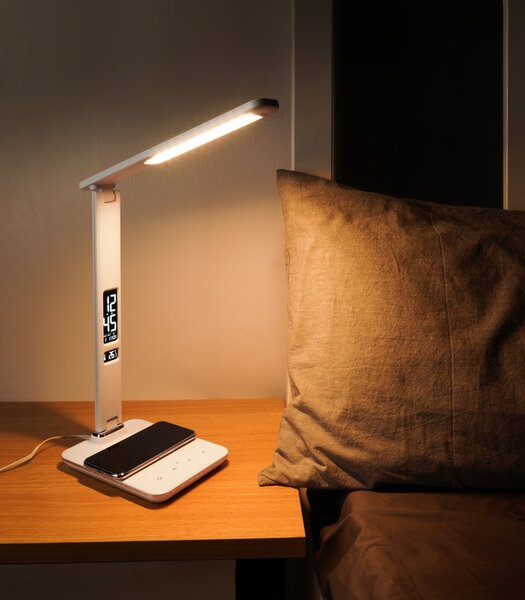 LED stolní lampička Immax KINGFISHER Qi bílá s bezdrátovým nabíjením Qi a USB