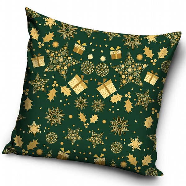Vánoční povlak na malý polštářek s vánočním motivem vloček a dárečků v zelené barvě. Pro všechny, kdo má rád období Vánoc. Rozměr povlaku je 40x40 cm