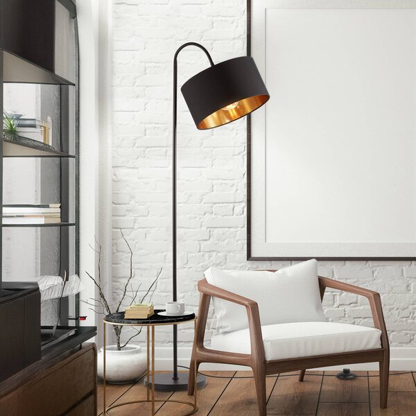 B.K. Licht Stojací lampa Kari, zakřivená, černá/zlatá, textil, E27, Černá, Obývací pokoj / jídelna, Textil / tkanina / hedvábí, Moderní