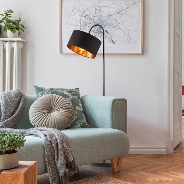 B.K. Licht Stojací lampa Kari, zakřivená, černá/zlatá, textil, E27, Černá, Obývací pokoj / jídelna, Textil / tkanina / hedvábí, Moderní