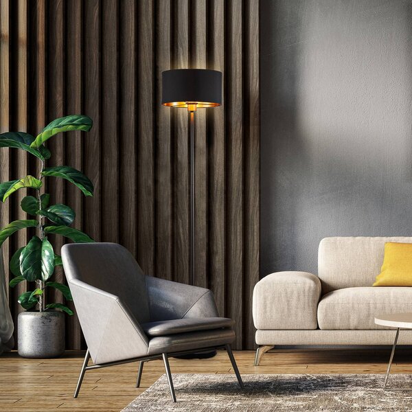 B.K. Licht Stojací lampa Kari, rovná, černá/zlatá, textil, E27, Černá, Obývací pokoj / jídelna, Textil / tkanina / hedvábí, Moderní