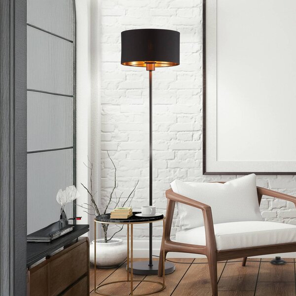 B.K. Licht Stojací lampa Kari, rovná, černá/zlatá, textil, E27, Černá, Obývací pokoj / jídelna, Textil / tkanina / hedvábí, Moderní
