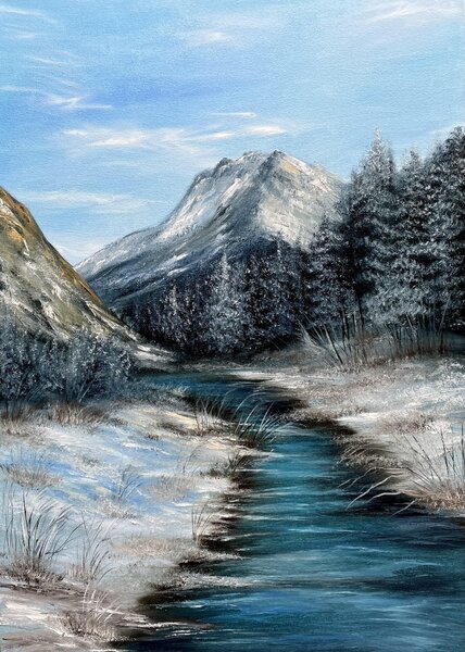 Ručně malovaný obraz od Tanja Frost - "Seria Zimní krajina - Zimní řeka", rozměr: 50 x 70 cm