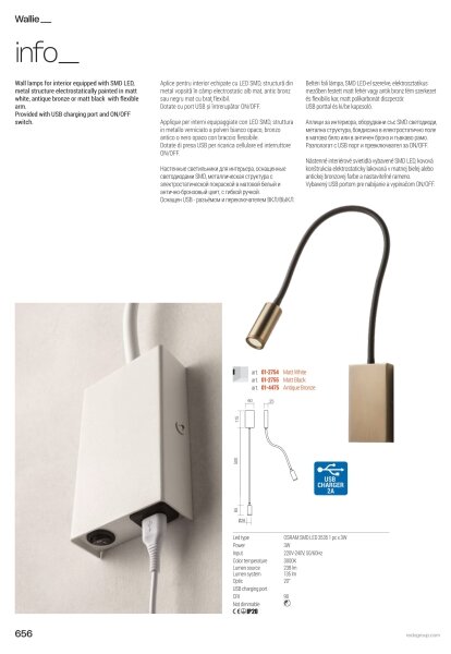 Redo 01-4475 - LED Flexibilní lampička WALLIE LED/3W/230V USB CRI 90 bronzová