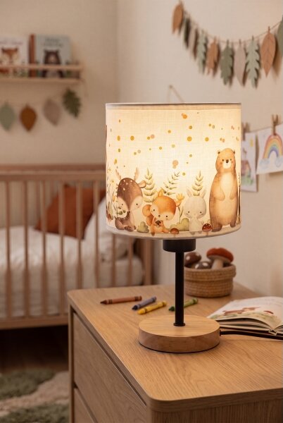Brilagi - Stolní lampa BOBO WOOD 1xE27/25W/230V dub/černá/bílá/zvířátka