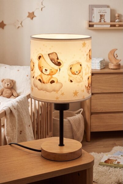Brilagi - Stolní lampa BOBO WOOD 1xE27/25W/230V dub/černá/bílá/medvídci