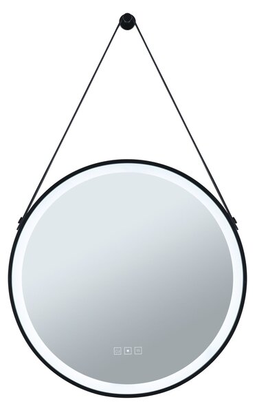 Paulmann 71089 Mirra, osvětlené kulaté zrcadlo s koženým závěsem, stmívatelné, funkce odmlžení, 11,5W LED White Switch, černá, průměr 59cm, IP44