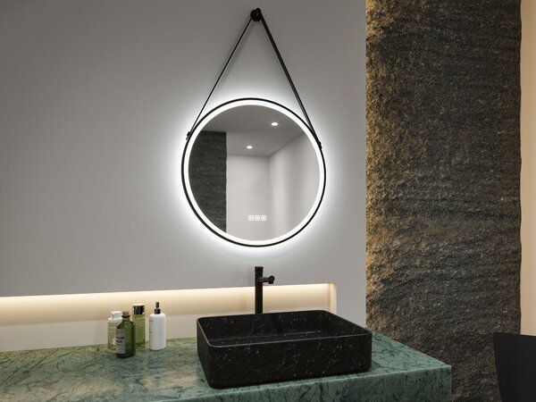 Paulmann 71089 Mirra, osvětlené kulaté zrcadlo s koženým závěsem, stmívatelné, funkce odmlžení, 11,5W LED White Switch, černá, průměr 59cm, IP44