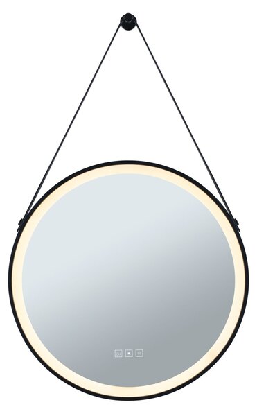 Paulmann 71089 Mirra, osvětlené kulaté zrcadlo s koženým závěsem, stmívatelné, funkce odmlžení, 11,5W LED White Switch, černá, průměr 59cm, IP44
