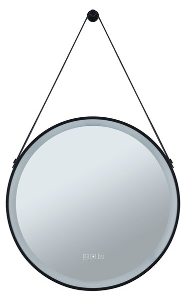 Paulmann 71089 Mirra, osvětlené kulaté zrcadlo s koženým závěsem, stmívatelné, funkce odmlžení, 11,5W LED White Switch, černá, průměr 59cm, IP44