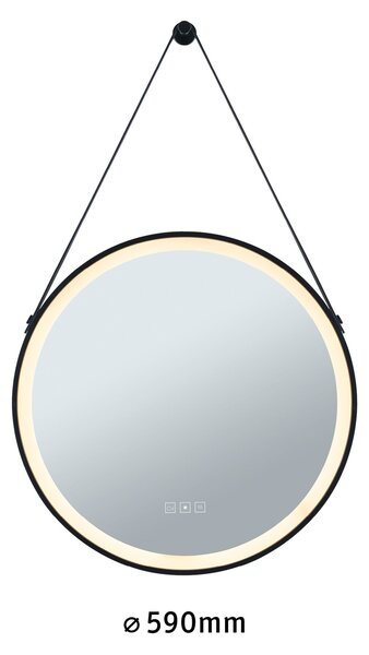 Paulmann 71089 Mirra, osvětlené kulaté zrcadlo s koženým závěsem, stmívatelné, funkce odmlžení, 11,5W LED White Switch, černá, průměr 59cm, IP44